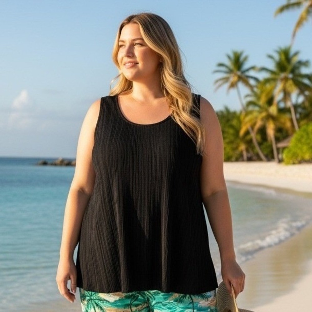 Susan Graver Black‎ Ribbed Pleated Sleeveless Tank Top Plus Size 2X